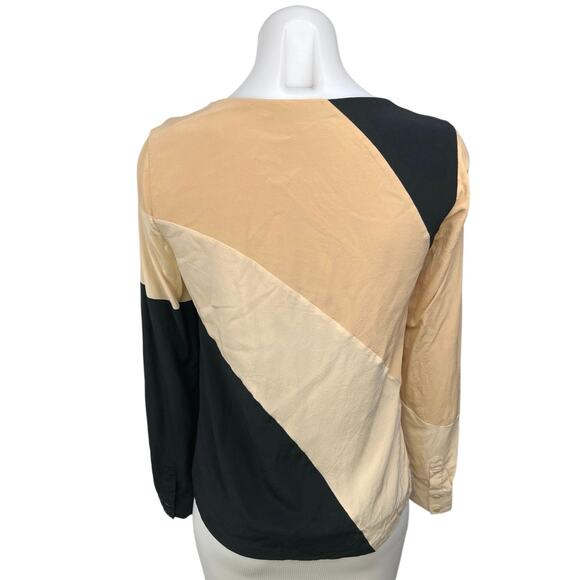 Diana Von Furstenberg Cream Black 100% Silk Colorblock Long Sleeve Blouse Top 2 - Picture 2 of 6
